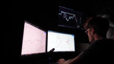 Bilgisayar kullanarak kripto ticaret grafiklerinin büyümesini tartışan iki genç tüccar. Erkek komisyoncular mali riskleri ve geceleri yatırım kar tahminlerini analiz ediyorlar. Borsa ve veri analizi kavramı.