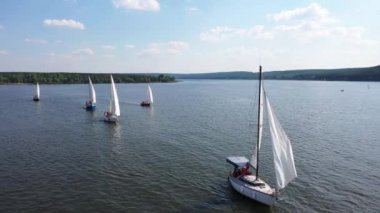 Açık mavi gökyüzü altında sakin bir göl boyunca ilerleyen birkaç yelkenlinin hava görüntüsü. Yatlar gölde yüzüyor ve arka planda güzel doğa manzarası var. Özgürlük ve sükunet kavramı. Yavaş çekim