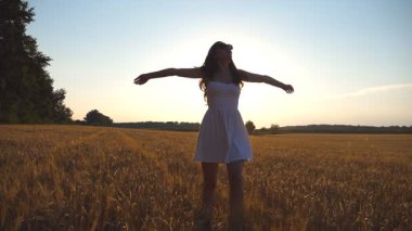 Güzel kız gün batımında mavi gökyüzünün altında buğday tarlası boyunca yürüyor. Genç bir kadın çayıra gidiyor. Doğa konseptinde yaz tatili. Yavaşça kapat..