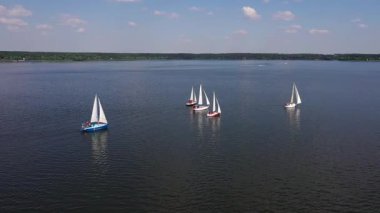 Açık mavi gökyüzü altında sakin bir göl boyunca ilerleyen birkaç yelkenlinin hava görüntüsü. Yatlar gölde yüzüyor ve arka planda güzel doğa manzarası var. Özgürlük ve sükunet kavramı. Yavaş çekim
