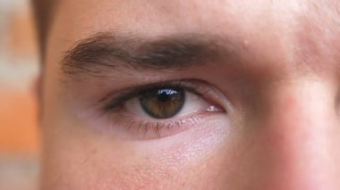 Hayal kırıklığı görüntüsüyle gözlerini kırpan adamın kahverengi gözlerini kapat. Kameraya bakan yarı erkek yüzünün portresi. Çaresiz ve mutsuz bir gencin yüz ifadesi..