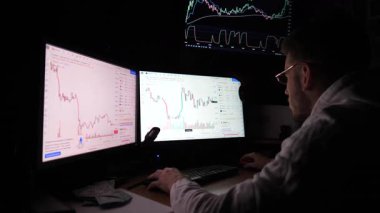 Erkek tüccar, emtiaları ve döviz çizelgelerini analiz ediyor. Finansal analist borsada online ticaret yapıyor. Geceleri bilgisayarda çoklu monitörlerle çalışan genç bir komisyoncu. Veri analizi Yavaş çekim.