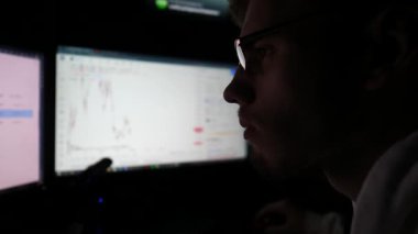 Finans analisti geceleri birden fazla monitörle bilgisayar üzerinde çalışıyor. Gerçek zamanlı emtiaları ve döviz çizelgelerini analiz eden genç bir komisyoncu. Bitcoin BTC ve borsa kavramı. Yavaş çekim.