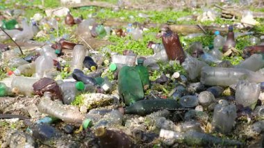 Nehir birçok plastik şişeyle kirlidir. Pek çok çöp doğadaki açık ve serbestçe ulaşılabilir yerlere atılır. Küresel çevre kirliliği sorunu. Ekolojik felaket kavramı.