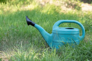 Bahçedeki su kovası, kürek ve yağmur botlarının mavisini kapat. Bahçe, doğa ve bahçe konsepti.