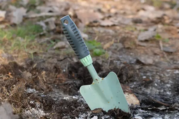 Küçük bahçe spatulası. Bir adam ateşi toprakla kapatır. Doğada dikkatsiz ateş tutma sorunu..
