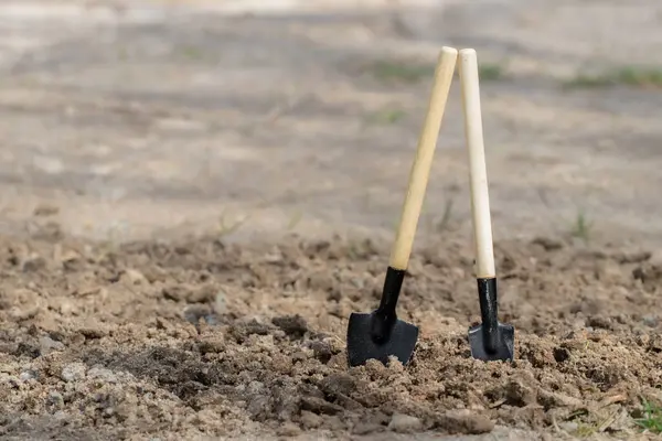 Tahta saplı siyah metal kürek. Tarımsal aletlerin teması..