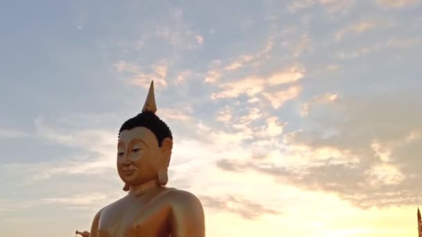 Side View Golden Buddha Statue Sunset Sky Thailand Temple — Stock Video