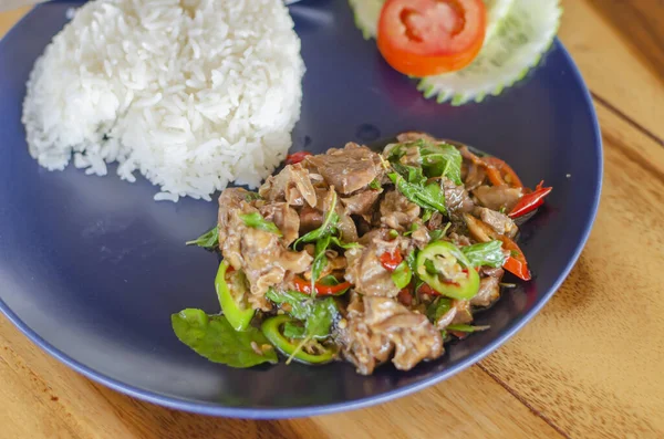 Revuelva Albahaca Frita Con Cerdo Cocido Sobre Arroz Comida Tailandesa — Foto de Stock