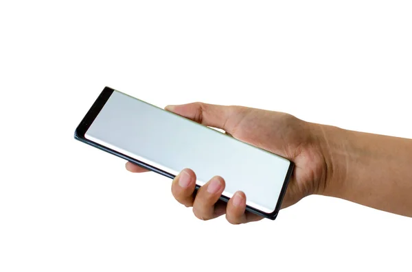 Жінка Тримає Порожній Смартфон Білим Екраном Ізольований Білому Тлі Відсічним — стокове фото