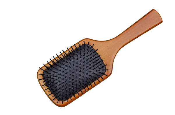 Bamboe Paddle Haarborstel Geïsoleerd Witte Achtergrond Met Clipping Pad — Stockfoto