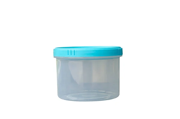 Small Transparent Plastic Container Blue Cap Isolated White Background Clipping — Stock Photo, Image