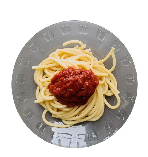 Macarrão Espaguete Molho Tomate Placa Vista Superior Isolado Fundo Branco — Fotografia de Stock