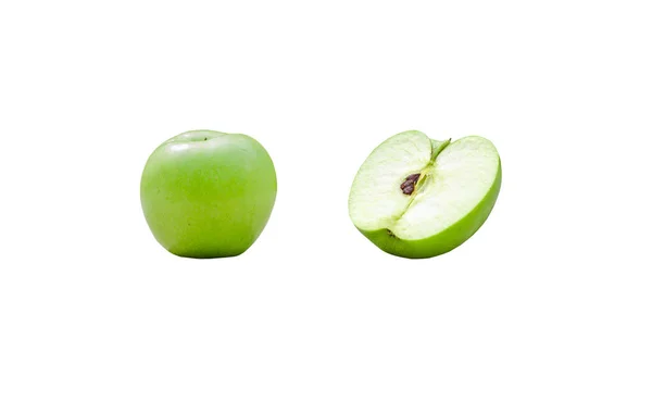 Fresh Green Apple Snijd Plak Apple Geïsoleerd Witte Achtergrond Met — Stockfoto