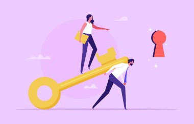 The key to success. achieve business target. Unlock the achievements of an organization or company. Teamwork and big golden keys