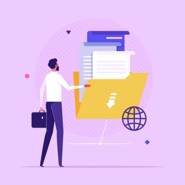 Businessman holding folder full of documents. Concept of data network, international online service for file management, information organization and storage, flat vector illustration