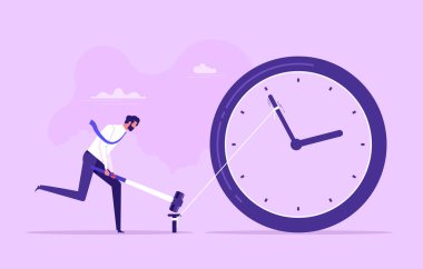 Man holding a hammer in hand drives a nail to stop time. Creative deadline solution. Time management, control business time or work deadline concept