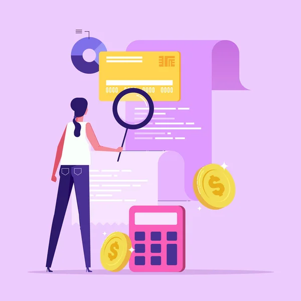 Woman Looking Magnifying Glass Bill Check Invoice Concept Accounting Auditing — Wektor stockowy