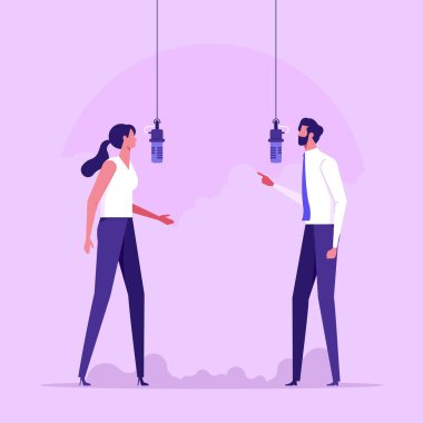 Podcaster Standing with Microphone and Recording Podcasts in Mobile App. Audio Podcast. Concept of Online Podcasting, Online Radio Show, Radio Host. Vector illustration