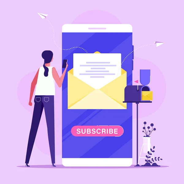 Woman Subscribing Newsletter Phone Concept Subscribe Newsletter Service Subscription Email — Vector de stock