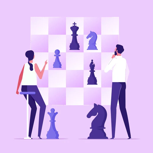ビジネスマンと女性は巨大なチェスボードでチェスをしています ビジネス競争 プロジェクト戦術 フラットベクトルイラストにおける戦略の概念 — ストックベクタ