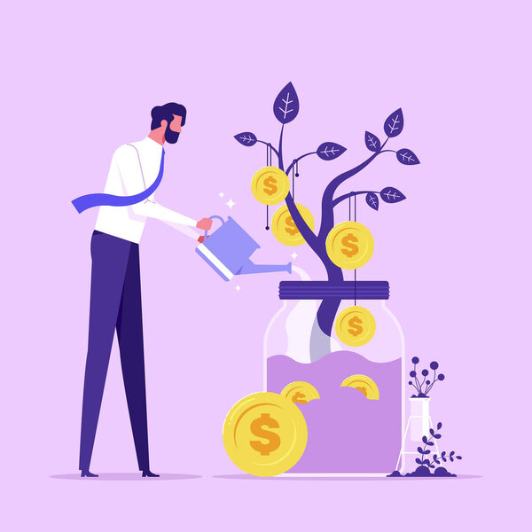 Financial or investment growth concept, businessman with watering can watering money plant increase earning profit and capital gain, success in wealth management