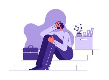 Elinde bir kutu ofis eşyası olan üzgün adam merdivenlerde oturuyor. İşsizlik, işten çıkarma, işten çıkarma, iş kaybı, kriz, iş kesintileri, iş kavramından azletme, düz vektör illüstrasyonu