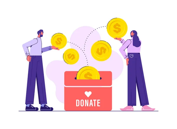 慈善活動と寄付 寄付箱にお金を入れている人 寄付や寄付 資金調達のために金貨を箱に入れます — ストックベクタ