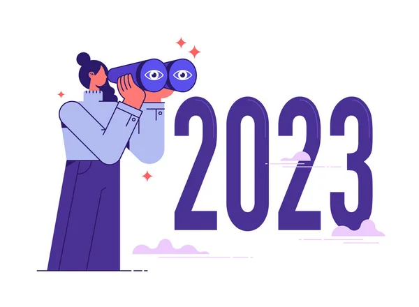 Yıl 2023 Dünyası Bakış Açısı Öngörüler Tahminler Başarısı Konsepti Kadını — Stok Vektör