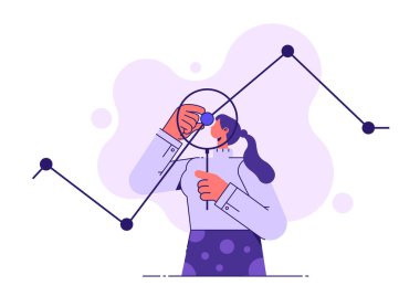 İstatistiksel analiz kavramı. Büyüteçli kadın grafiklere ve çizelgelere bakıyor. İstatistik ve pazarlama araştırmaları, analitik bölüm, düz vektör illüstrasyonu