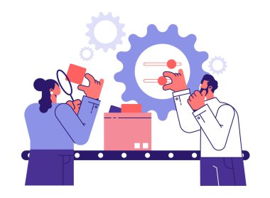 Kalite Kontrol, Kalite Kontrol, Kalite Kontrol ve Onaylı veya Onaylı Verme, Mükemmel ürün ve servis dağıtımını güvence altına alma süreci, Garanti konsepti, Çalışanların denetleme ürünü. Düz tasarımda vektör illüstrasyonu