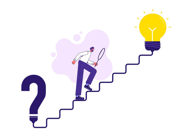 Problem solving, finding solution to solve problem, answer question, creativity or imagination, Man finding solution  on stair connect question mark to lightbulb solution