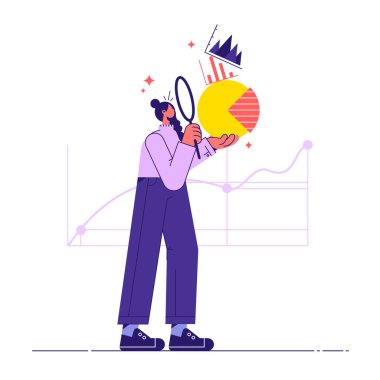 İş veri analizi konsepti vektör illüstrasyonu, çalışanlar farklı finansal grafikler ve grafiklerle analiz ediyorlar