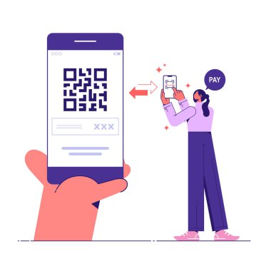 Mobil nakit ödeme sistemini kullanın ya da qr kod vektör düz illüstrasyonunu tarayın, akıllı telefon tutan kadın QR kodu ile ödeme için başvuru, mobil kablosuz nakitsiz veya kontaksız ödeme sistemi düz konsepti