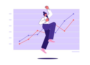 Başarılı iş adamları, olumlu grafiğin önünde havaya sıçrama, iş kariyeri büyümesi ve başarı konsepti, vektör illüstrasyonu