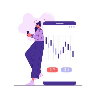 Çevrimiçi döviz veya kadın ticareti konsepti ön x pazarında cep telefonu kullanarak işlem yapıyor
