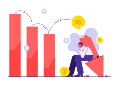 Finansal kriz, beklenmedik borsa düşüşü, para kaybı, sermaye devalüasyonu, riskli yatırım stratejisi, işleri kötü gittiği için ağlayan bir adamın resmi.