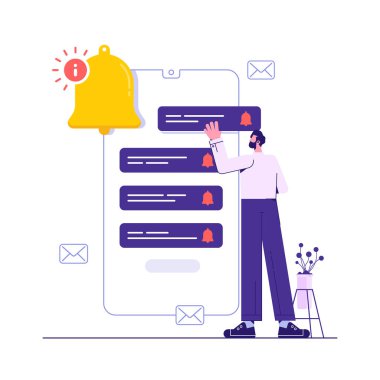 Yeni sosyal medya içeriğinin hatırlatılması için abonelik zilini çalın, adam cep telefonundan sohbet mesajları alsın, sosyal medyada güncel bilgiler için uyarıyı açın