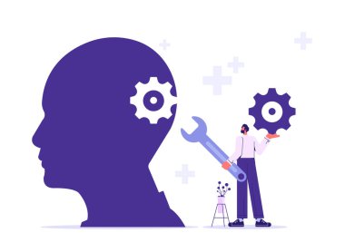 İçinde dişli tekerlekler olan insan kafası. Verimlilik, verimlilik. Beyin performansı ile zeka ve bilgi geliştirme. Düşünce olarak dişliler ve teknik tekerlekler. İnsan kafasını dişli tekerleklerle tamamlıyor.