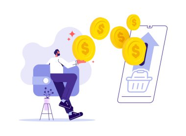Çevrimiçi nakit iade konsepti. Genç adam alıcı için para alıyor. Akıllı telefondan e-cüzdana para ya da para transferi. Çevrimiçi bankacılık. Para biriktiriyorum. Para iadesi