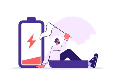 Çalışan tükenmişlik ve düşük enerji kavramı, hayal kırıklığına uğramış işçi zihinsel sağlık sorunları, düşük bataryalı iş adamı kırmızı renk, iş hayatı enerjisi