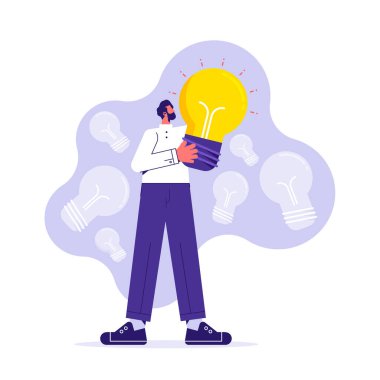 Elinde ampul tutan iş adamı yaratıcı iş fikri için heyecanlanıyor, insan çalışanı yenilikçi bir proje üretiyor, düz vektör çizimi