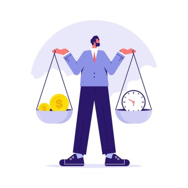 Work life balance, businessman hold scales in hands, find perfect balance between money and time. Man employee have balance work and life. Vector illustration clipart