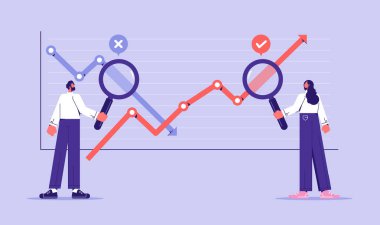 Kriz ve büyüme analizleri, stabilizasyon ve satış okları grafik tahminleri. Geliştirme, hisse senedi veya yatırım analitiği istatistikleri, iş ekibi analisti finans grafiği, düz vektör çizimi