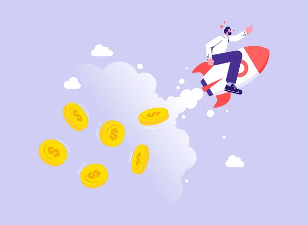 Businessman Riding Flying Rocket Money Career Salary Earnings Profit Concept — Stock Vector