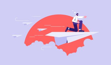 Yeni başlangıç, büyüme ve ilerleme vektör kavramı, kağıt düzlemle uçan iş adamı