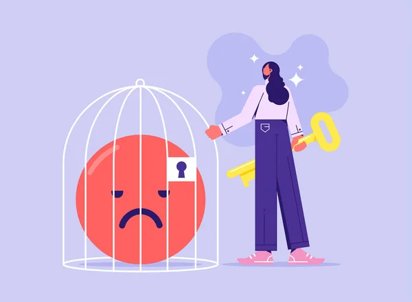 Cattivo Umore Emozioni Negative Chiuse Gabbia Donna Bloccano Emoji Negative — Vettoriale Stock