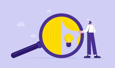 İş fikirlerini araştır ya da çözüm bul, iş adamı büyüteçle ampulü kontrol et, iş fikrini onayla, bir çözüm bul