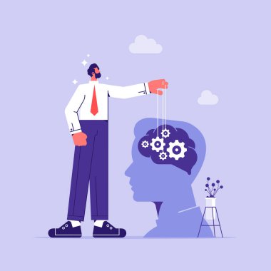 Manipülatör konsept vektör çizimi, kukla ustası insan zihnini manipüle et, egemenlik sömürüsü, zihinsel kontrol ipleri.