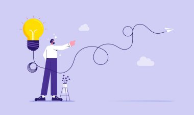 Kağıt uçakla uçan bir iş adamı ampulle bağlantılıdır. Girişim fikri, keşif, hayal gücü ve çözüm.
